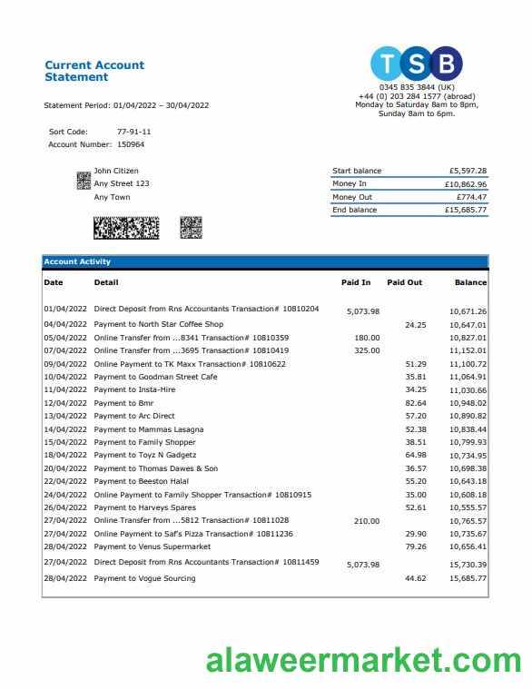 United Kingdom TSB bank statement, Excel and PDF template